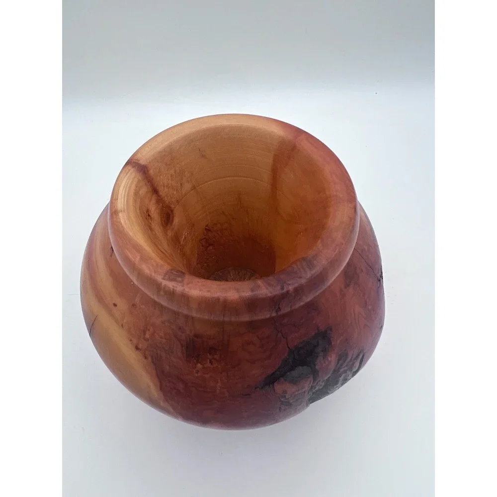 Hand Turned Cedar Wood Vase Artisan Signed Natural Live Edge Decorative Pot Burl